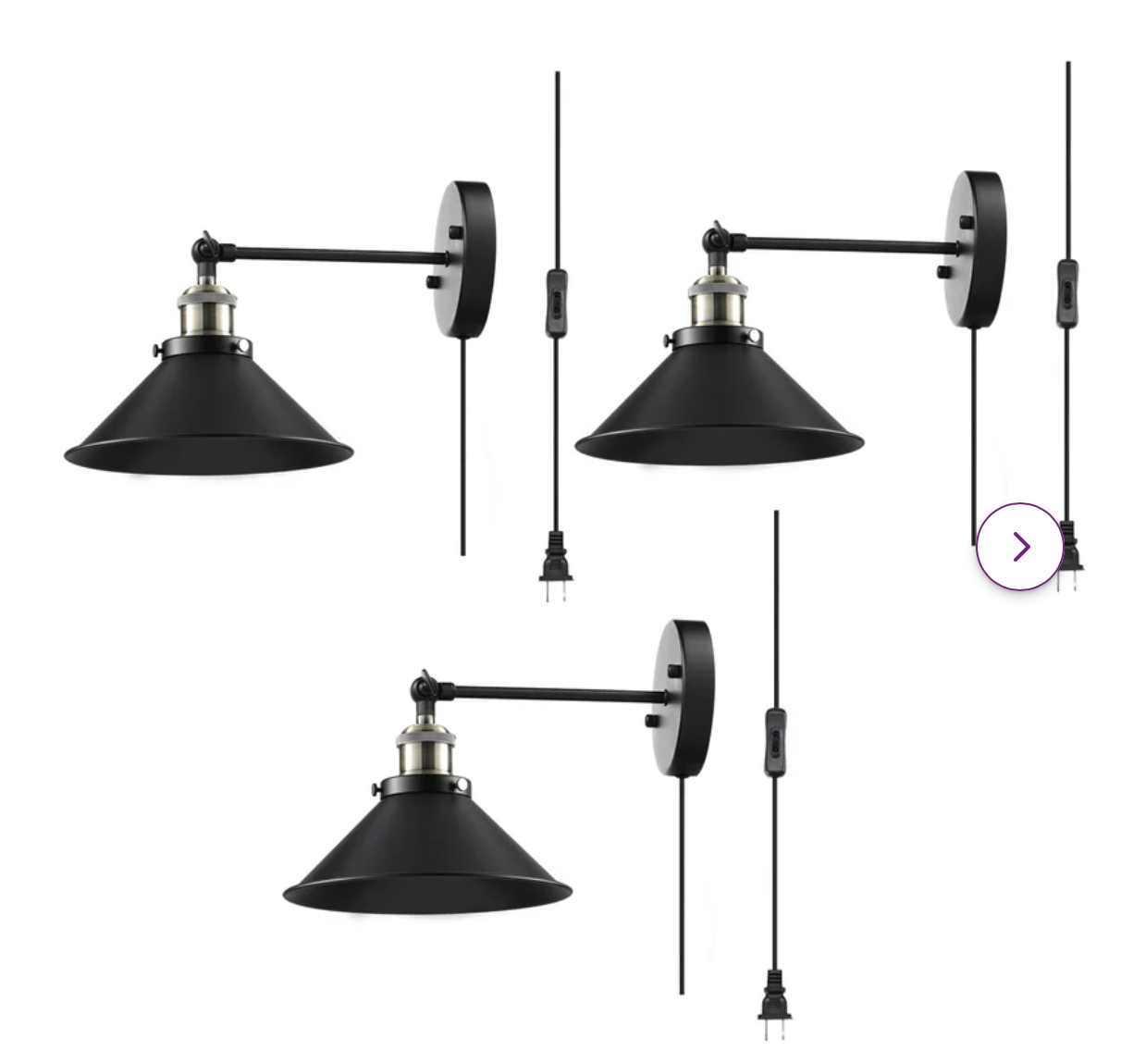 Dolder Grand 3 - Light Dimmable Plug-In Black Matte Armed Sconce (Set of 3)