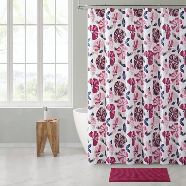 Tayson Zinnias Flower Floral Peva Shower Curtain Set with Bath Rug Blue