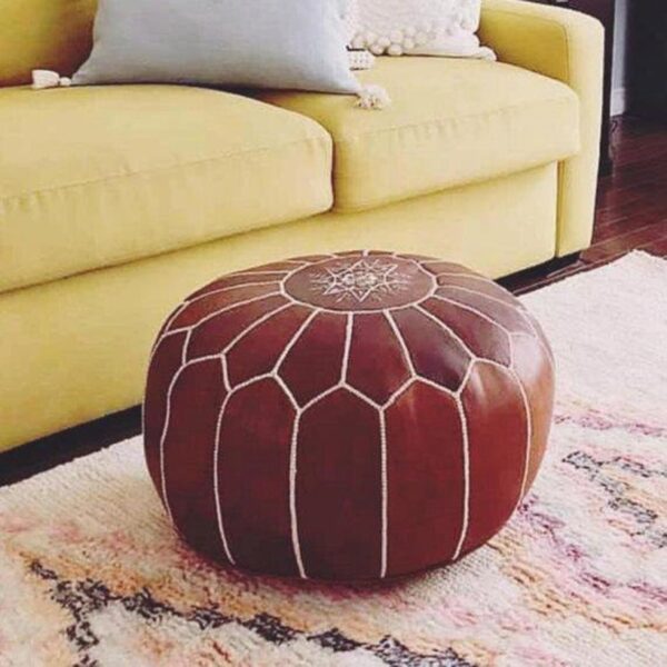 Moroccan Leather Foot Stool Ottoman Pouf Light Brown w/cream stitching