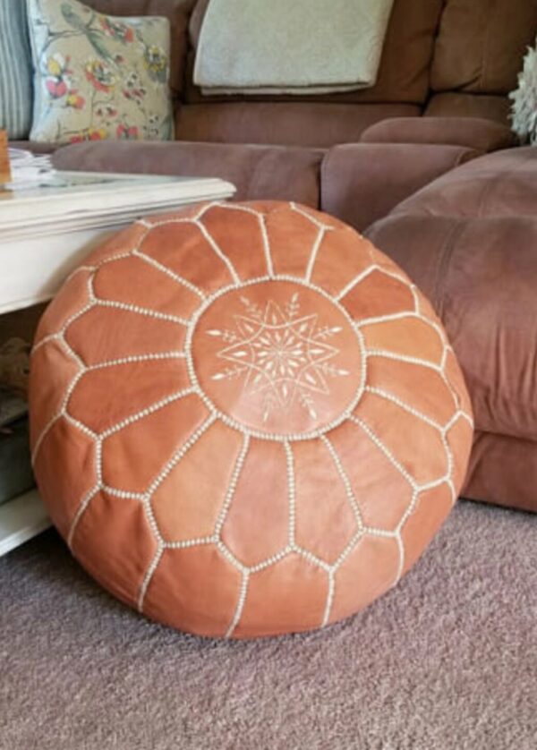 Moroccan Leather Foot Stool Ottoman, Handmade Pouf, Moroccan Cover Light Brown w/brown stitching