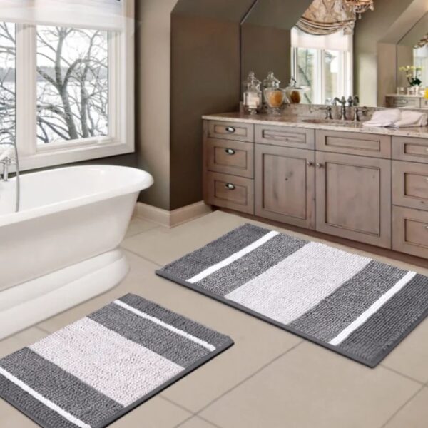 2 Piece Non-Slip Soft Striped Chenille Bath Rug Set