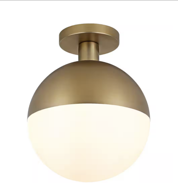 9.75 in. Antique Brass and White Semi Flush Mount with Glass Shade