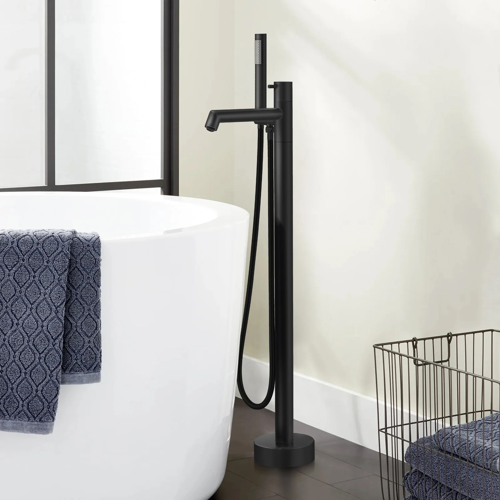 Matte Black Floor Tub Filler with Diverter