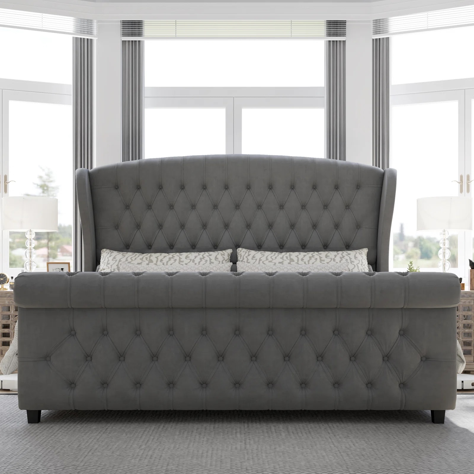 Queen Size Gray Low Profile Upholstered Bed