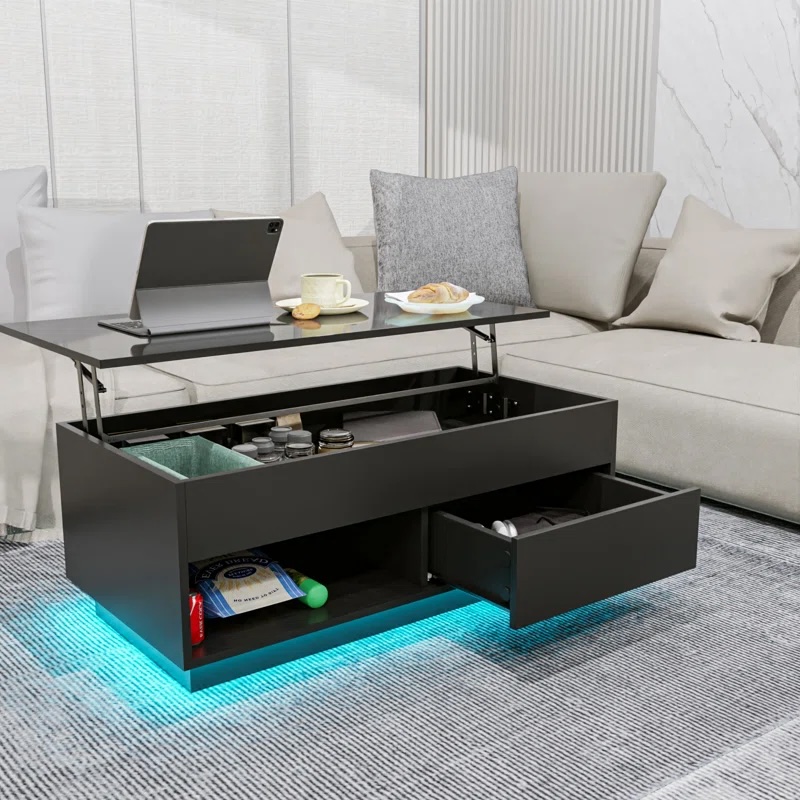 Banushi Lift Top Coffee Table with RGB LED Lights, Drawer and Open Shelf Black