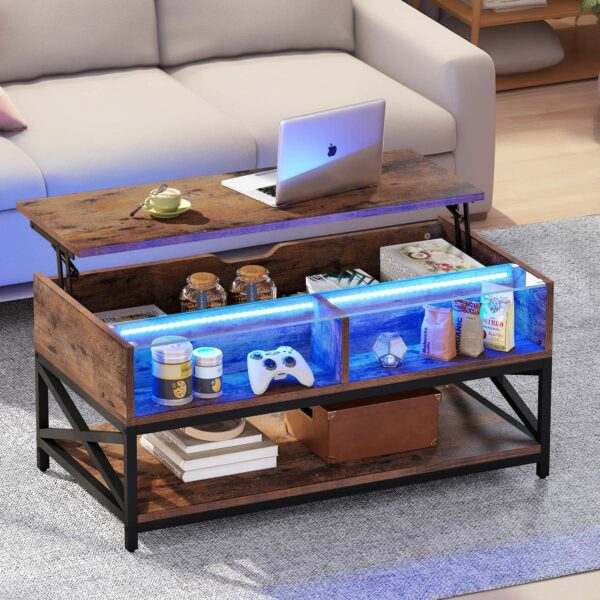 Abey Lift Top Tempered Glass Coffee Table with 2 Open Cabinets and Shelf