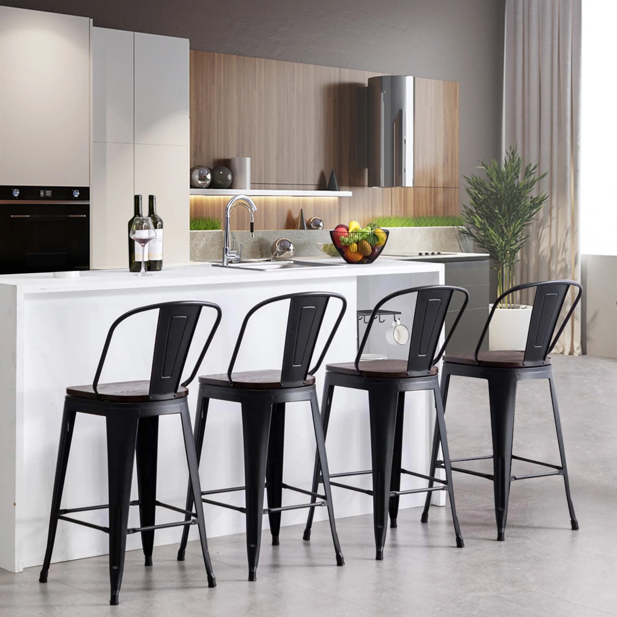 Burney Counter Stool with Metal Frame (Set of 4) Black