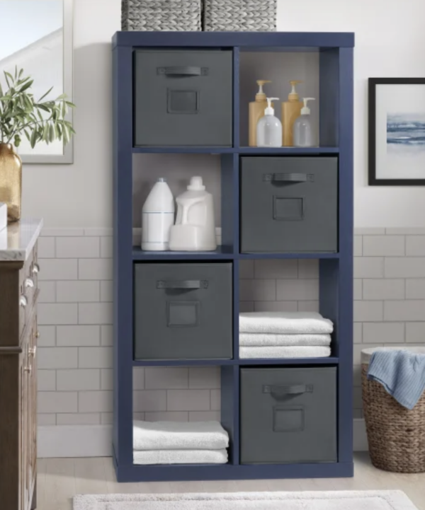 O'nin Blue Room Divider with Grey Fabric Storage Bins - Image 4