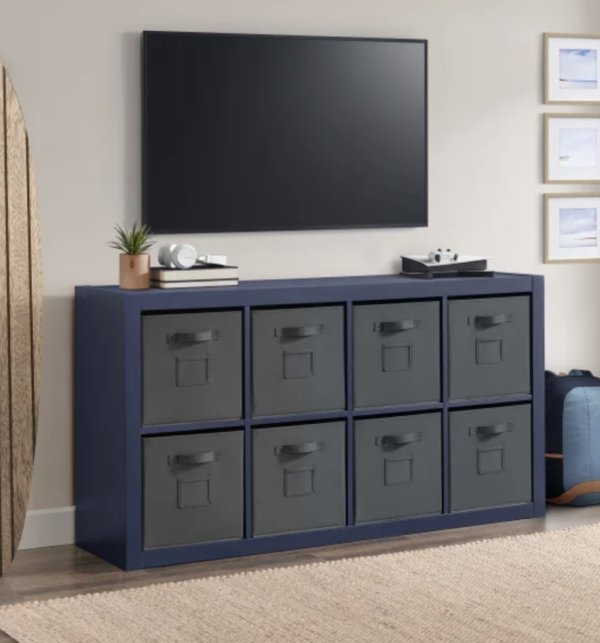 O'nin Blue Room Divider with Grey Fabric Storage Bins