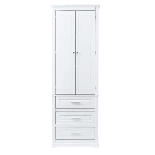 Cornel Tall Storage Cabinet with 3 Drawers and 2 Doors for Bathroom/Office/Living Room White