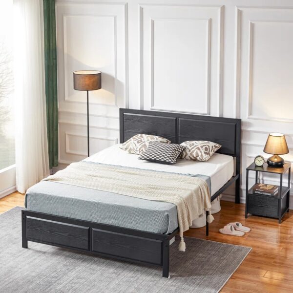 Kempst Platform Bed Frame with Wooden Headboard, Heavy Duty Steel Slats Support, No Box Spring Needed