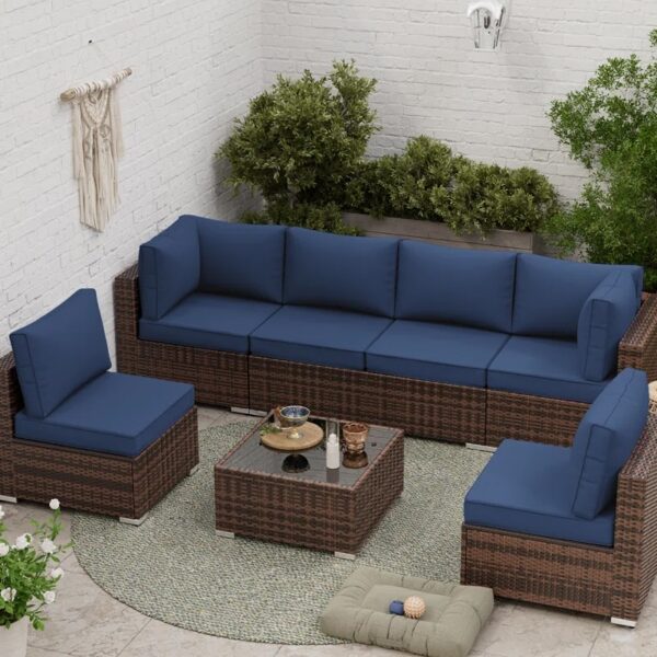 Abbel Outdoor 4'' Replacement Cushion Set (set of 6 cushions, 6 backrests, 2 corner cushions) Navy Blue