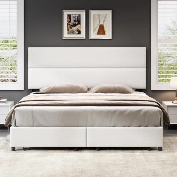 King 47.6" Linen Upholstered Bed Frame With Height Adjustable Headboard & 2 Drawers King Cream