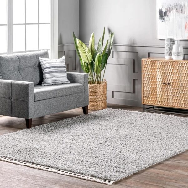 Shields Solid Shag Area Rug for Living Room Bedroom Dining Room Nursery, Grey/Ivory 3'x5'