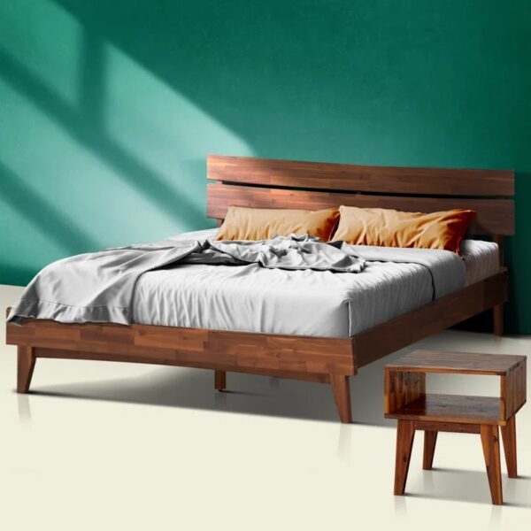 Acacia Aurora 2-Pcs King Bedroom Set – Solid Wood Platform Bed Frame & Matching Nightstand, Mid-Century Modern - Image 2
