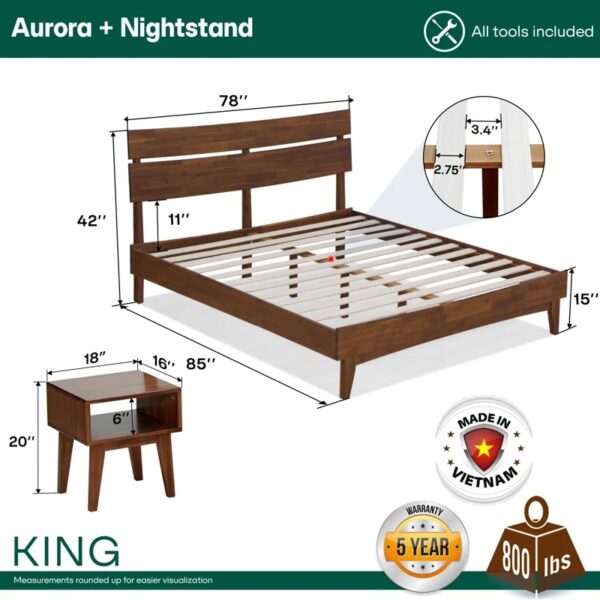 Acacia Aurora 2-Pcs King Bedroom Set – Solid Wood Platform Bed Frame & Matching Nightstand, Mid-Century Modern - Image 4