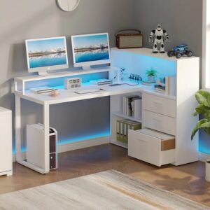 L Shaped Desk With Bookshelf and Drawer, Corner Desk with LED Lights