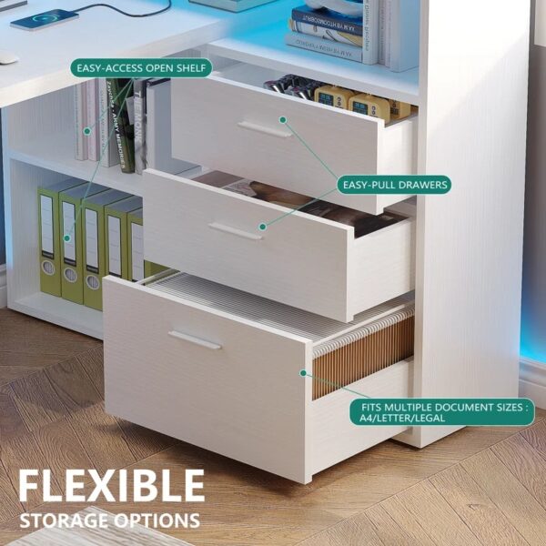L Shaped Desk With Bookshelf and Drawer, Corner Desk with LED Lights - Image 2