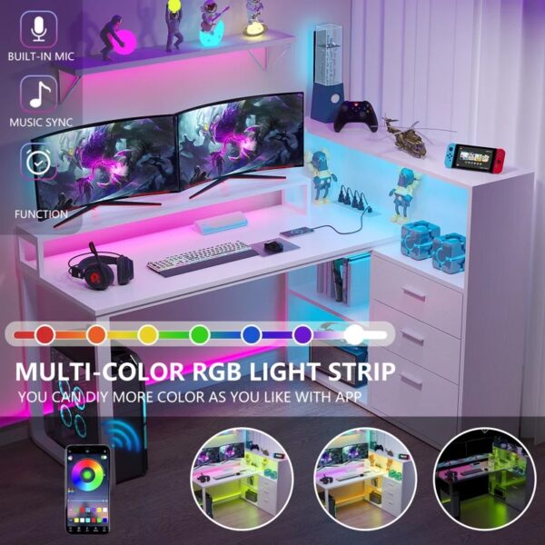 L Shaped Desk With Bookshelf and Drawer, Corner Desk with LED Lights - Image 4