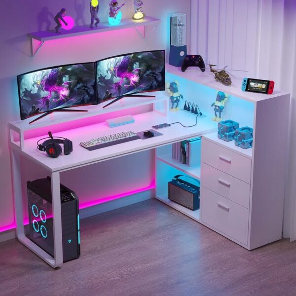 L Shaped Desk With Bookshelf and Drawer, Corner Desk with LED Lights - Image 3