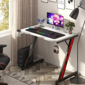 White Carbon Fibre Surface Z-Shaped Leg PC Gaming Desk with Headphone Hook and Cup Holder