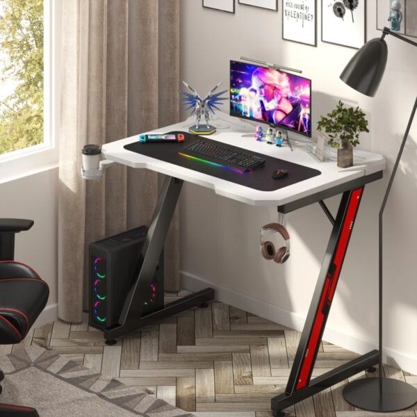 White Carbon Fibre Surface Z-Shaped Leg PC Gaming Desk with Headphone Hook and Cup Holder