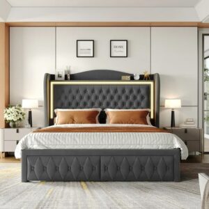 Kaliya Velvet Upholstered Wingback Bed with LED Lights KING Gray