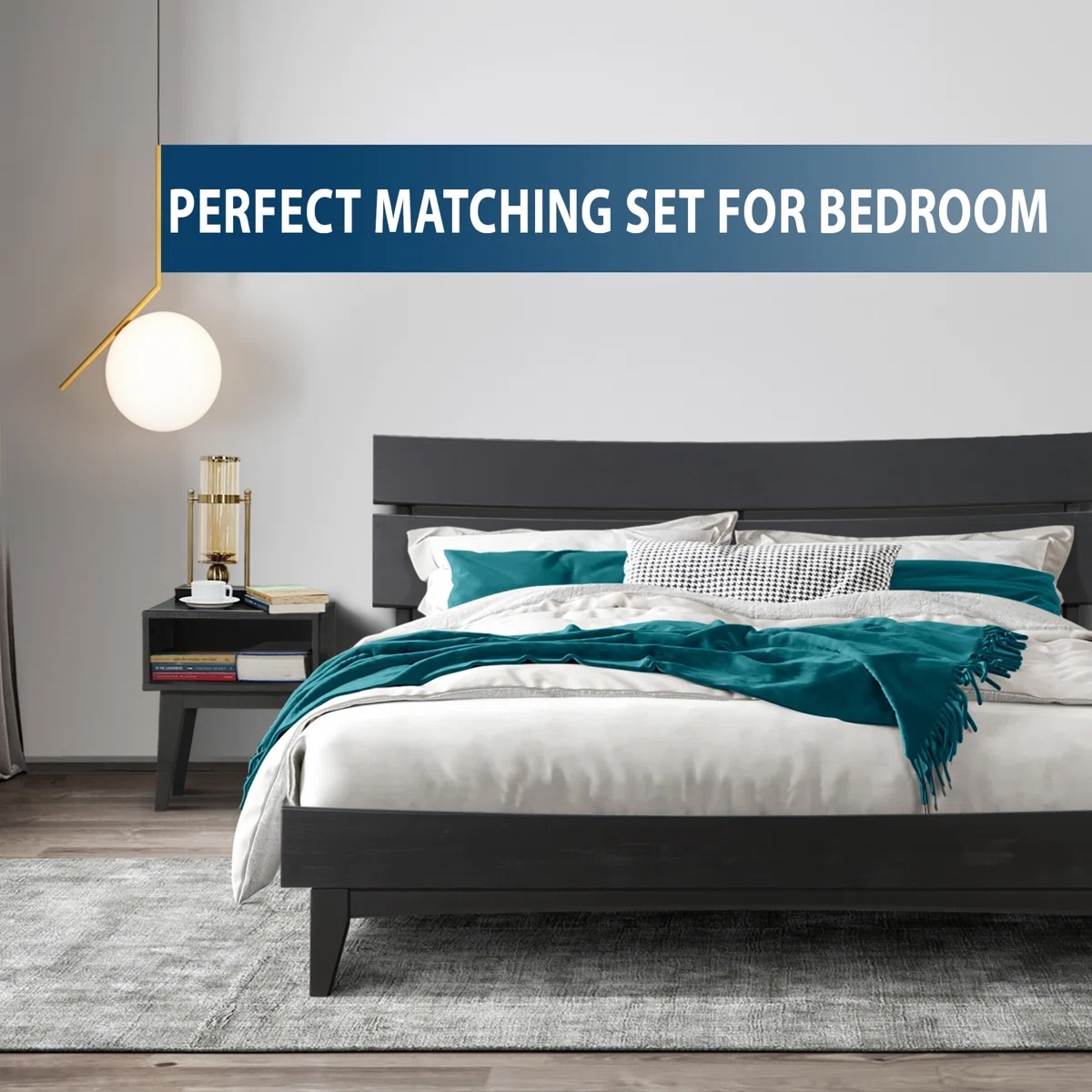 Black Acacia Aurora 2-Pcs King Bedroom Set – Solid Wood Platform Bed Frame & Matching Nightstand, Mid-Century Modern