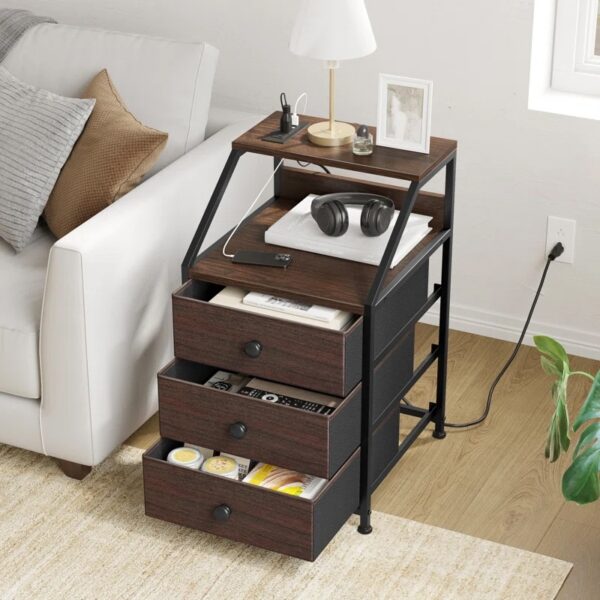 Nightstand with 3 Drawers & 2 USB Ports, Bedside Table with Outlets, Stable Metal Frame