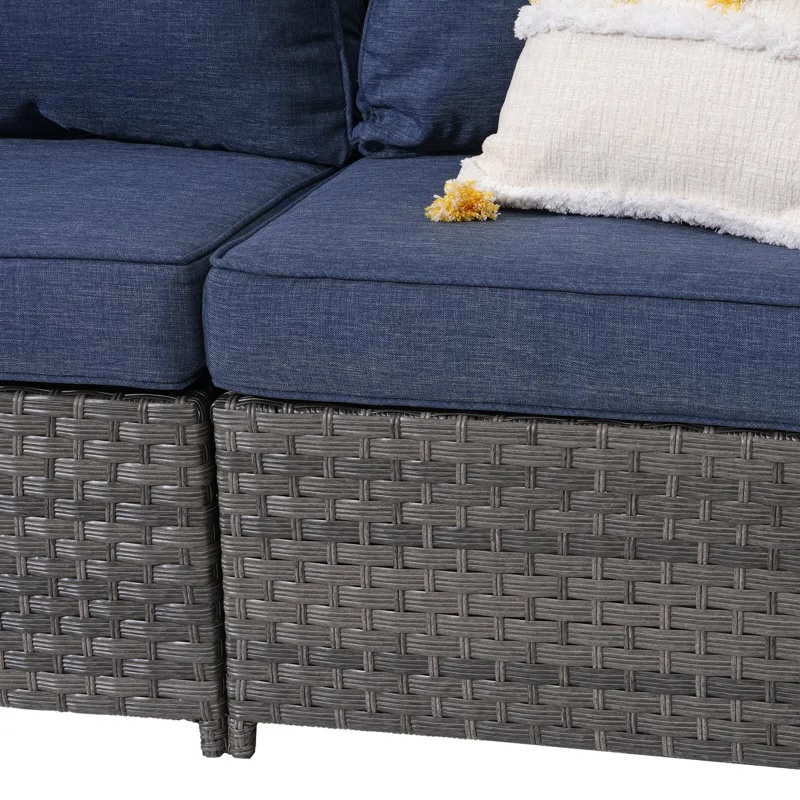 Rattan Sofa Seating Group With Blu Cushions - 3 Pieces w/Cushions & Table w/glass - Image 2