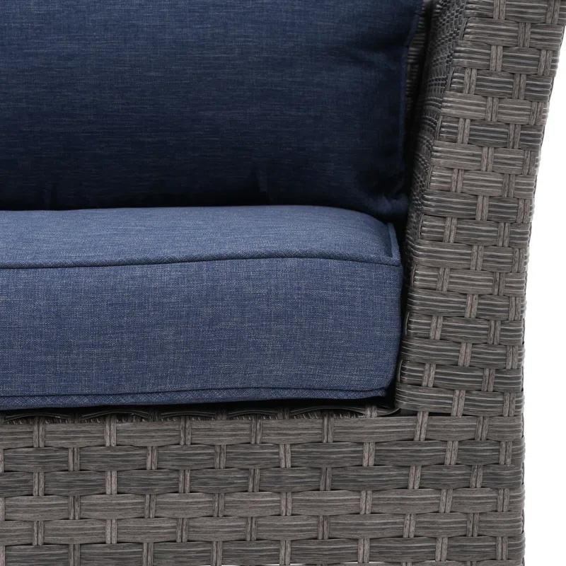 Rattan Sofa Seating Group With Blu Cushions - 3 Pieces w/Cushions & Table w/glass - Image 4