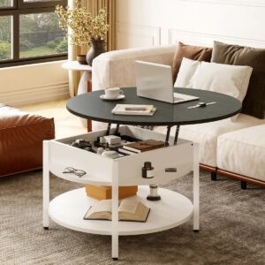 Wynny 27"W Round Lift-Top Wood Coffee Table with Storage White