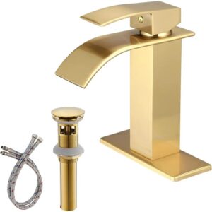 Brushed Gold Bathroom Faucet Modern Waterfall Single Hole Faucet for Bathroom Sink Single Handle with Pop Up Drain