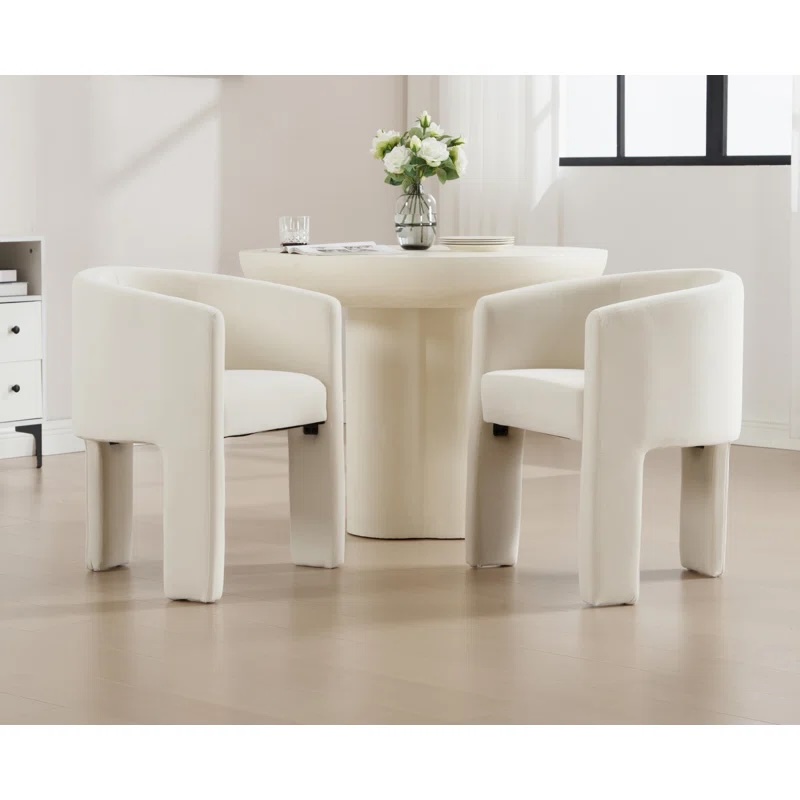 Modern Barrel Dining Chair With Solid Wood Legs, Upholstered Arm Dining Chair Beige