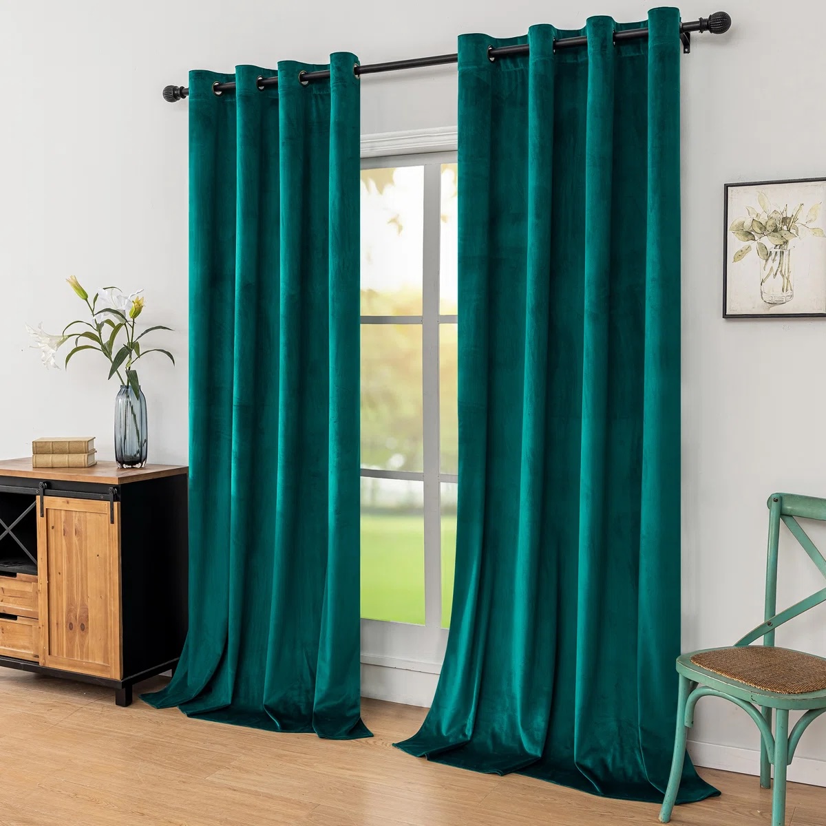 Velvet Solid Colour Metal Grommets Room Darkening Curtain Panels 52"x90" (Set of 2) Green