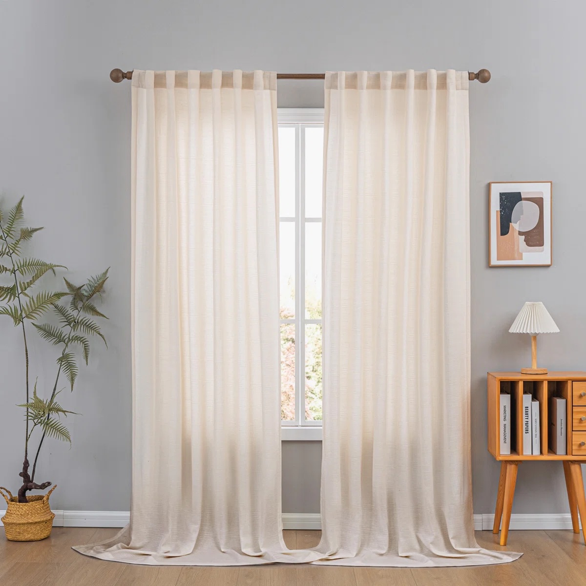 Cotton Blend Textured Semi-Sheer Back Tab/Rod Pocket Curtain Pair Cream
