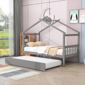Full Iakup Wooden House Bed with Twin Size Trundle Gray