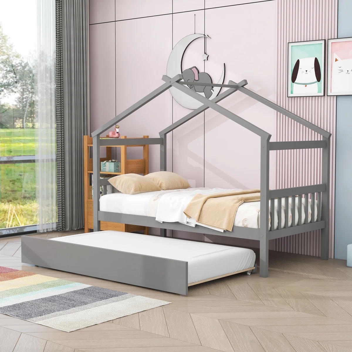 Full Iakup Wooden House Bed with Twin Size Trundle Gray