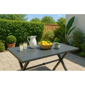 Metal Outdoor Dining Table with X-Leg Farmhouse Design and Umbrella Hole