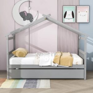 Iakup Wooden House Bed with Twin Size Trundle Gray