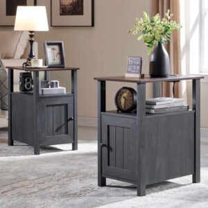 Willkie Farmhouse Nightstand Set , End Table with Charging Station, w/Barn Door & Open Shelves (Set of 2)