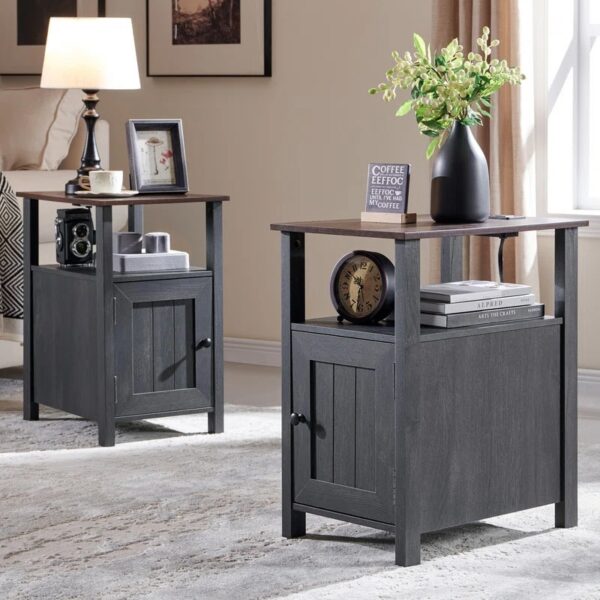 Willkie Farmhouse Nightstand Set , End Table with Charging Station, w/Barn Door & Open Shelves (Set of 2)