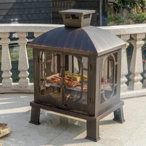 45" H×31''w Metal Chiminea Fire Pit With Grill, Wood Burning Fire Pits For Outside