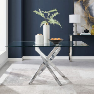 Eubanks Rectangular Glass and Silver Metal 6 Seater Dining Table