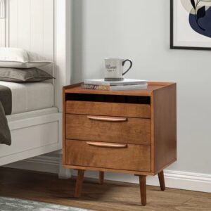 Mid-century Modern 3 - Drawer 28“ Tall Nightstand w/ Built-In Outlets ,Solid Wood Legs
