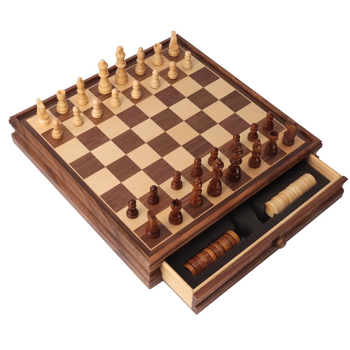 5-Inch Wooden 2-in-1 Chess & Checkers Board Game Combo with Drawer, Large Chess Checker Board Game Set for Kids & Adults