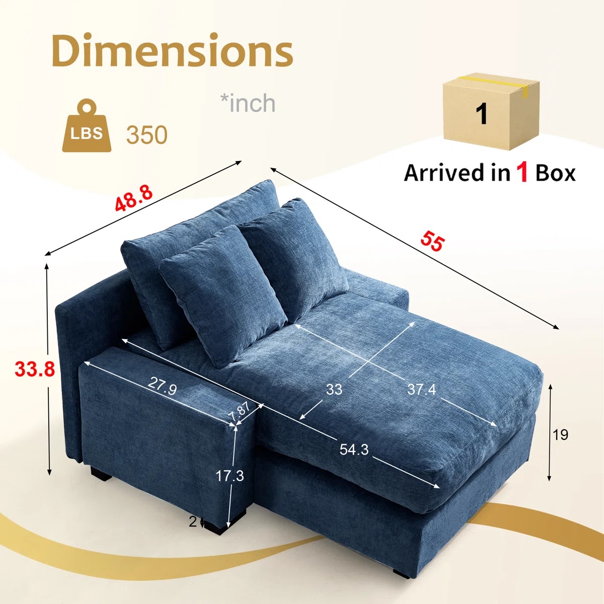 48.8"W Luxury Corduroy Chaise Lounge Blue - Image 3
