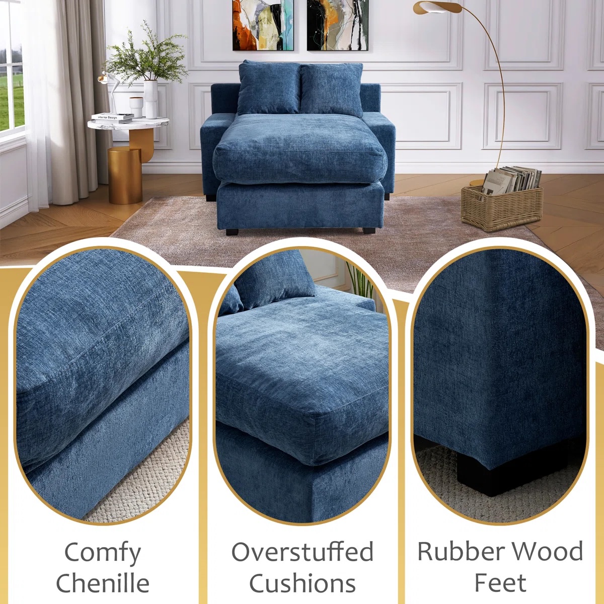 48.8"W Luxury Corduroy Chaise Lounge Blue - Image 4