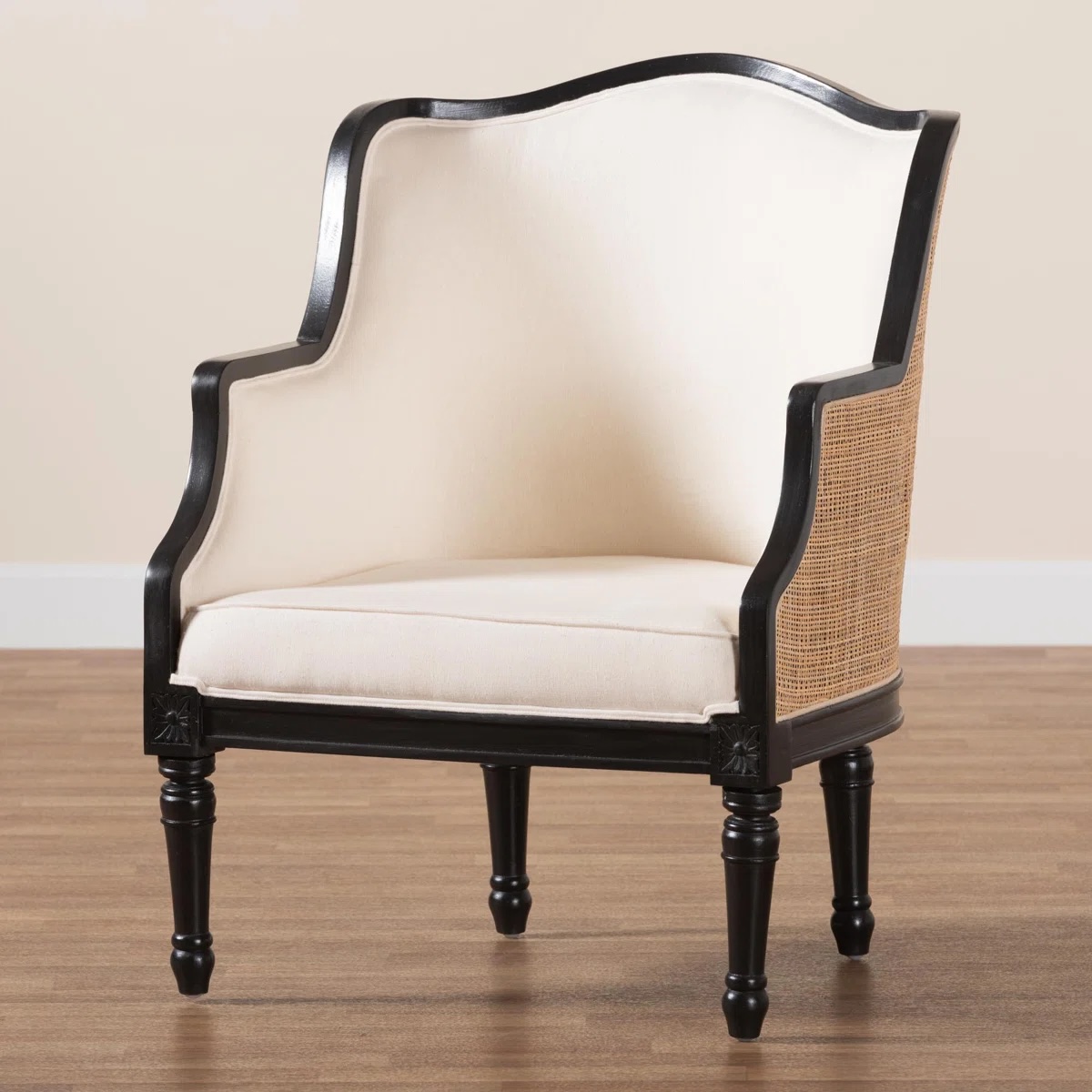 Elizette Traditional French Beige Fabric And Honey Oak Finished Wood Accent Chair - Image 4