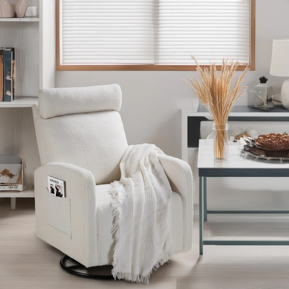 Swivel Manual Recliner Chair Beige Chenille